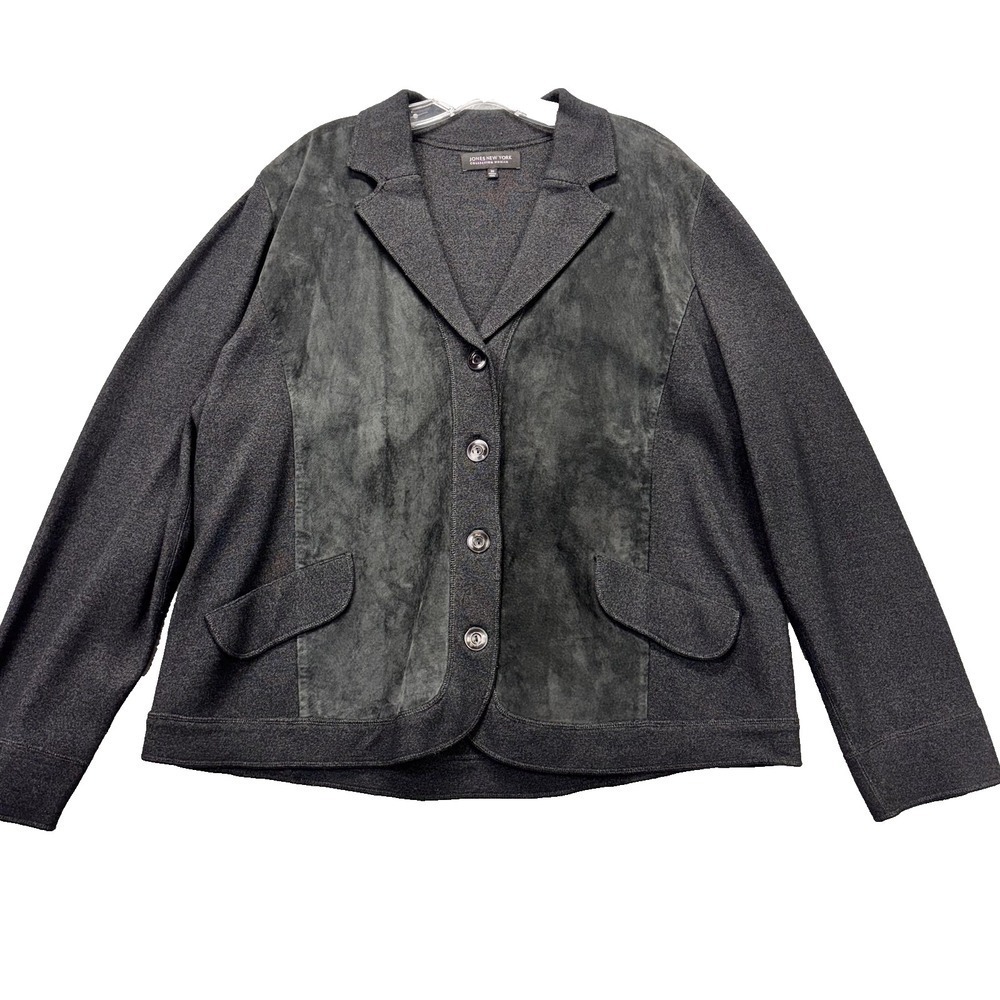 Jones New York Collection Blazer Womens 2X Gray Leather Front Panels Notch Lapel